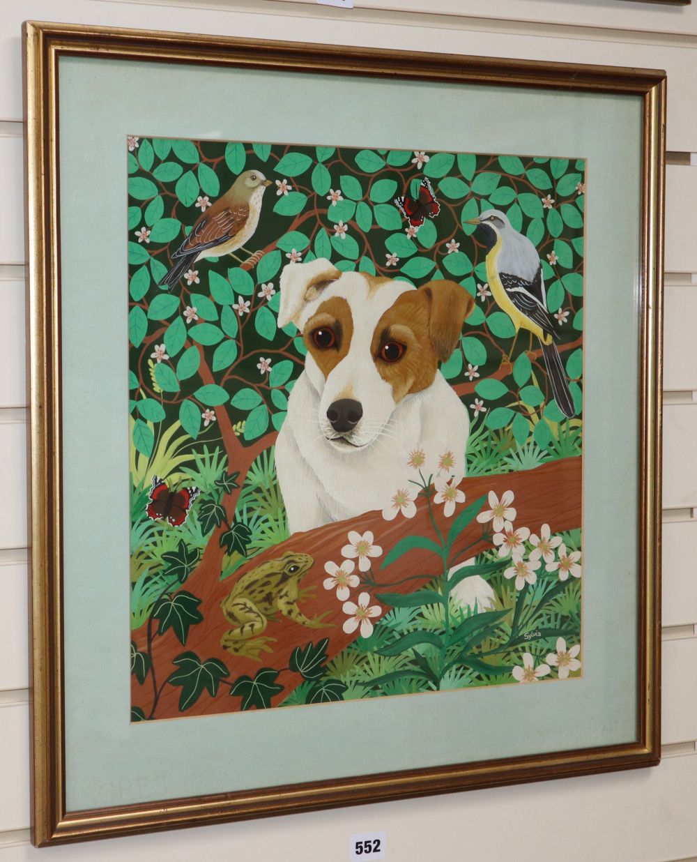 Sylvia Emmons, gouache, Jack Russell terrier, frog and bird, signed, 42 x 39cm
